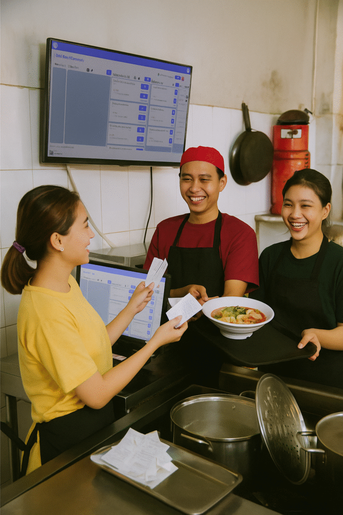 Nhân viên sử dụng KDS trong phần mềm Unem để nhận đơn và giao món nhanh chóng trong bếp quán ăn